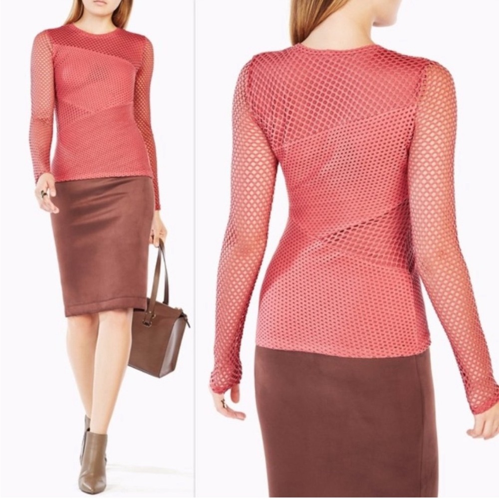 BCBGMaxAzria Mindy Long Sleeved Blush Pink Mesh Paneled Crewneck Top